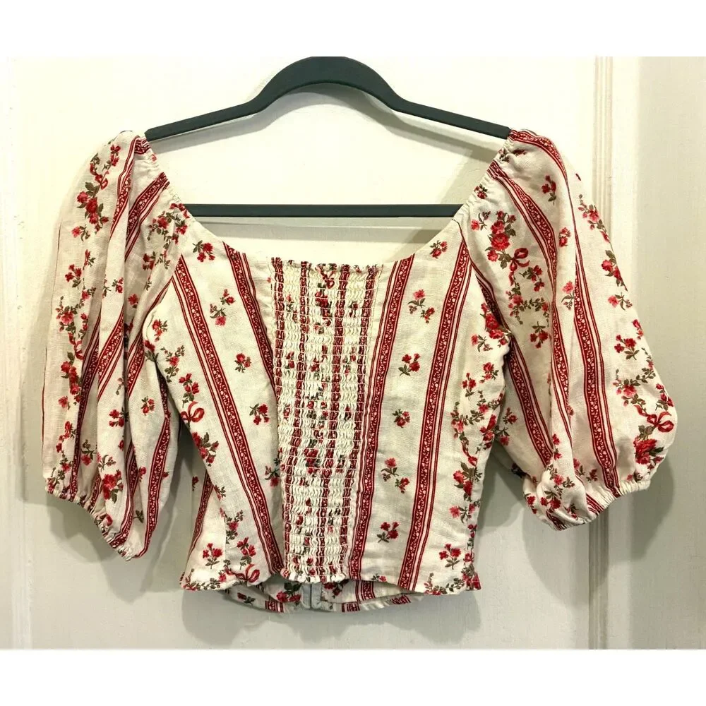 Reformation White Red Floral Square Neck Linen Peasant Corset Top Women's Size 0